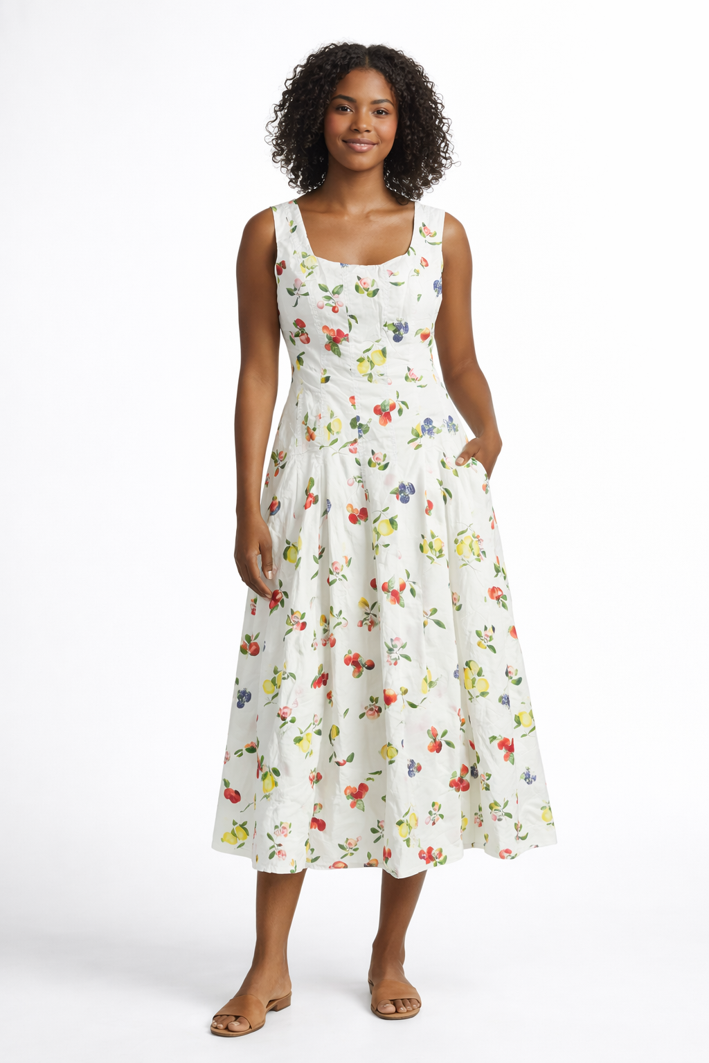 Fruit Print Paneled Midi Dress - White Multi