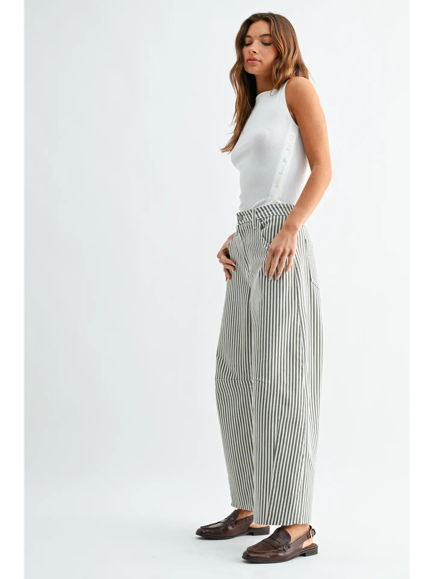 Olive Stripe Barrel Jean w/ Seams