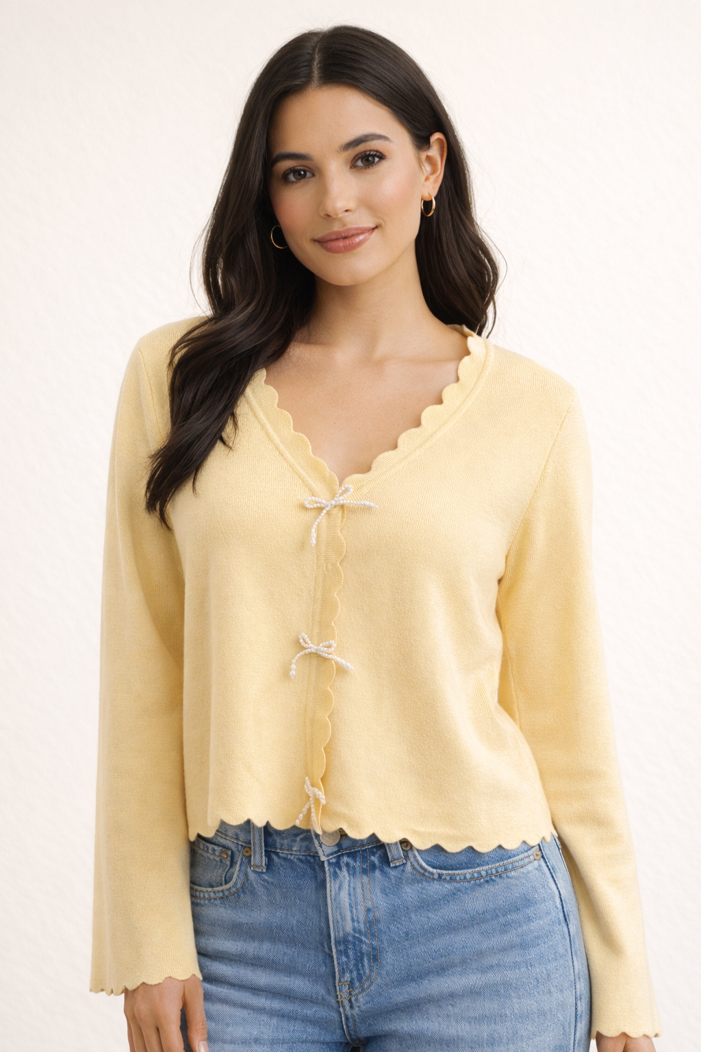 Scalloped Sweater w/ Ribbed Button - Butter Yellow