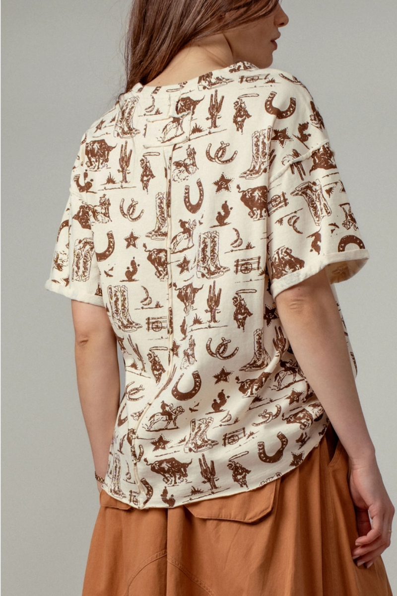 Western Graphic Print Relaxed Fit Tee Cream - Back View