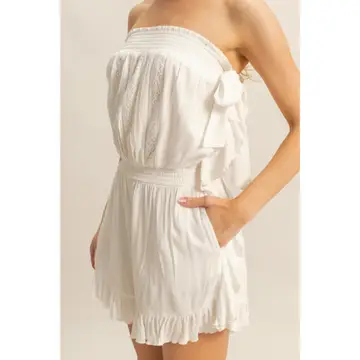 Tube Top Strapless Ruffle Detail Romper - Off White