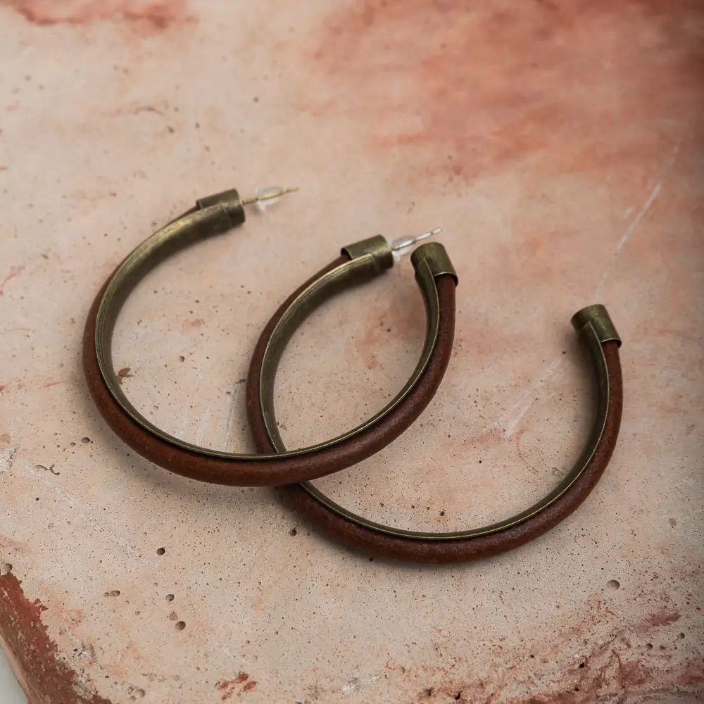 Leather & Brass Hoop Earrings