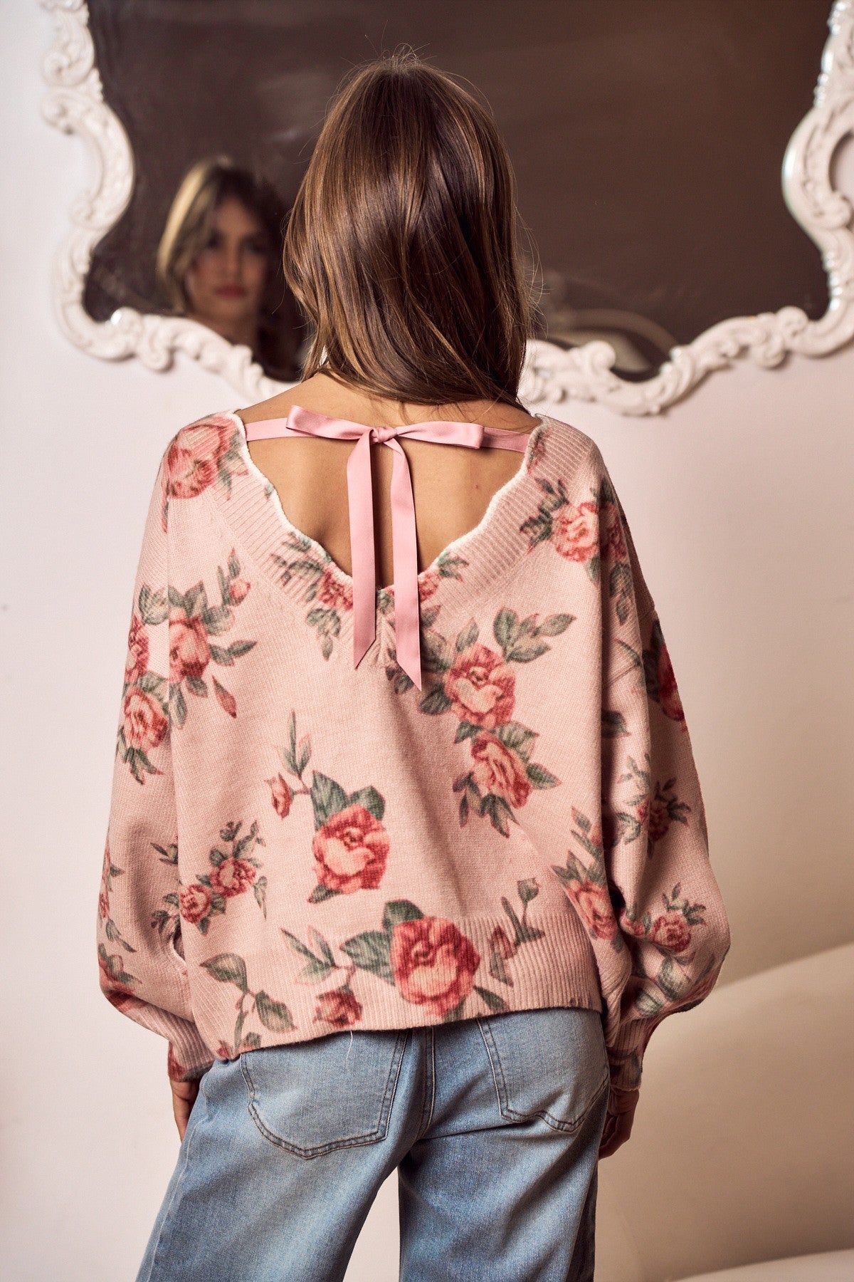 Blooming Reverie Ribbon Knit Sweater - Mauve Floral