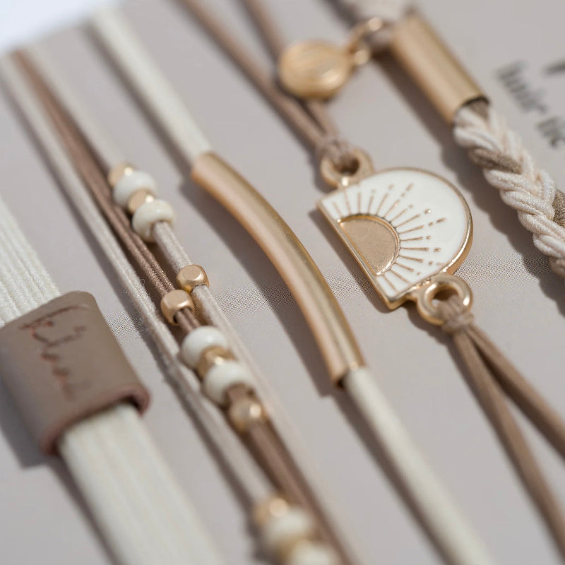 K'lani Hair Tie Bracelets "Rise" Cream And Tan With Gold & Sun Accents Hair Tie Bracelets