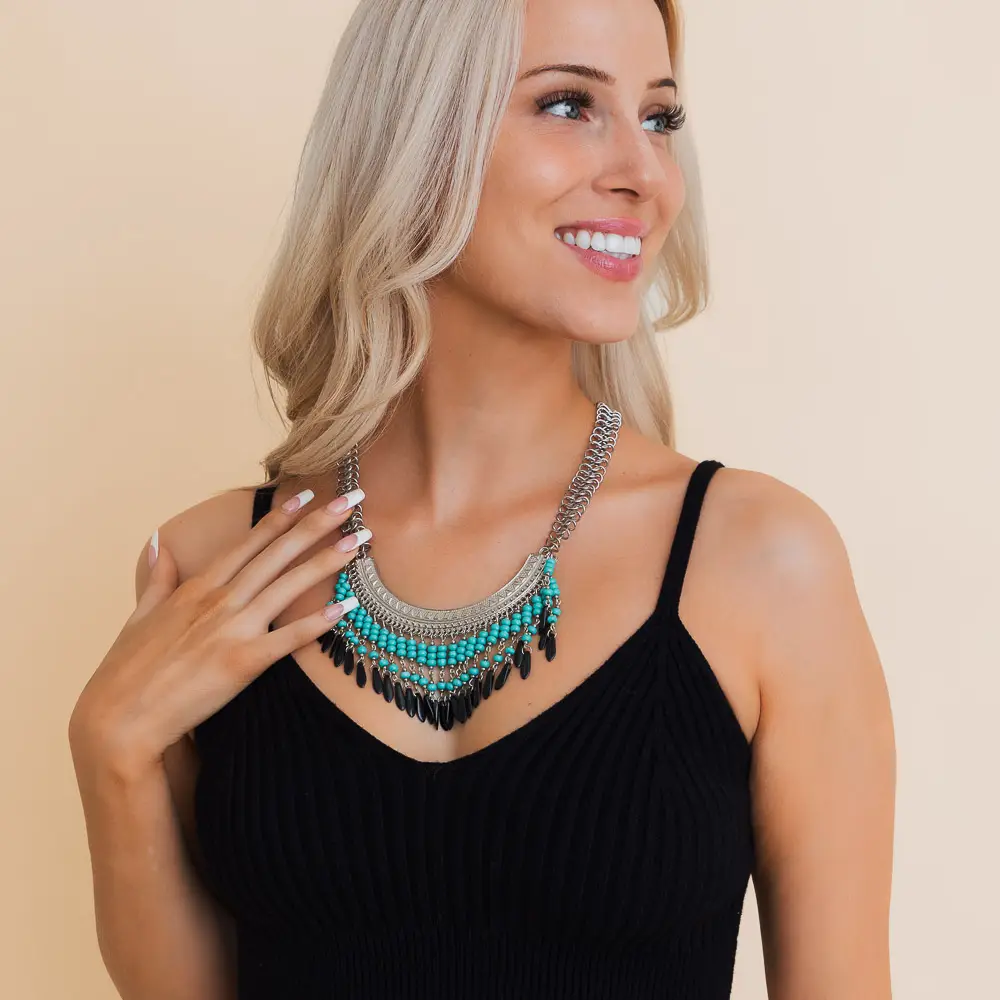 Turquoise Bohemian Fringe Bib Necklace