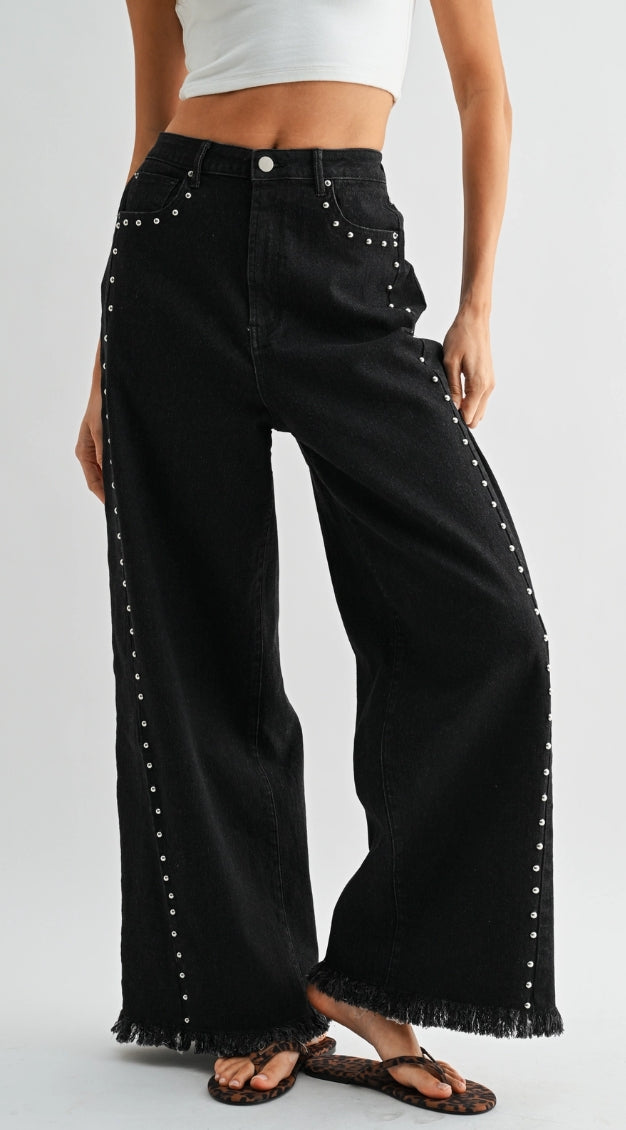 Camellia High Waisted Wide-Leg Denim Stud Pants