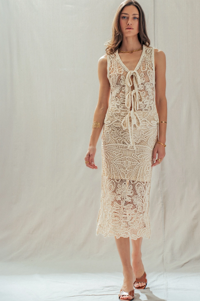 Open-Work Crochet Tie-Front Vest Top - Ivory