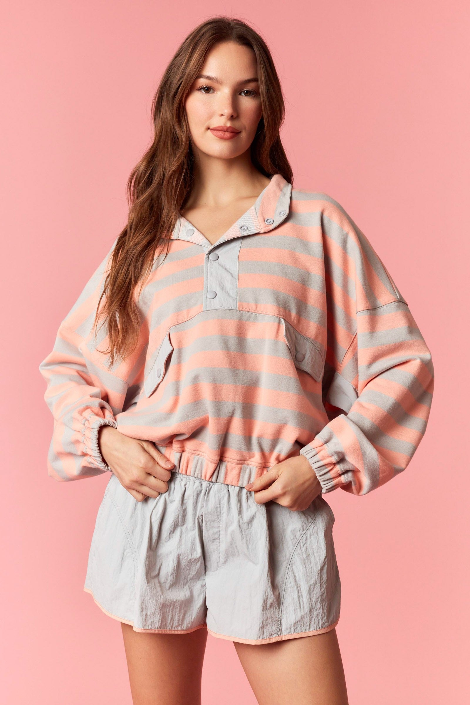 Stripe French Terry Semi Button Up Top - Grey/Salmon