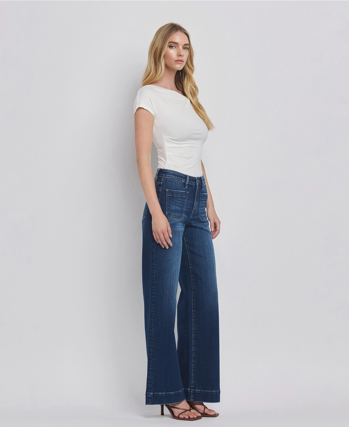 High Rise Patch Pocket Trouser Hem Wide Jeans  - Dark Denim