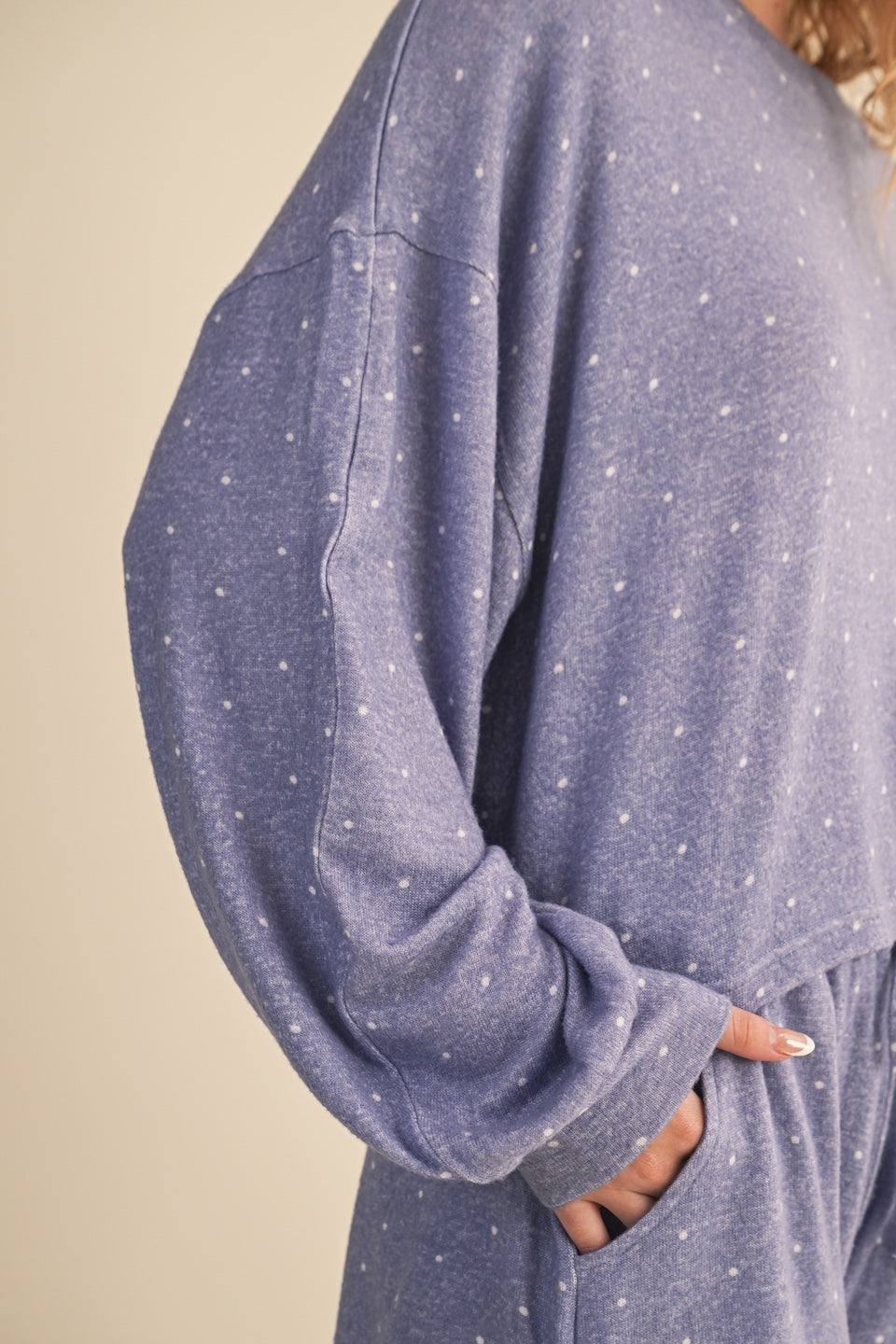Polka Dot Print Hacci Long Sleeve Crewneck Top