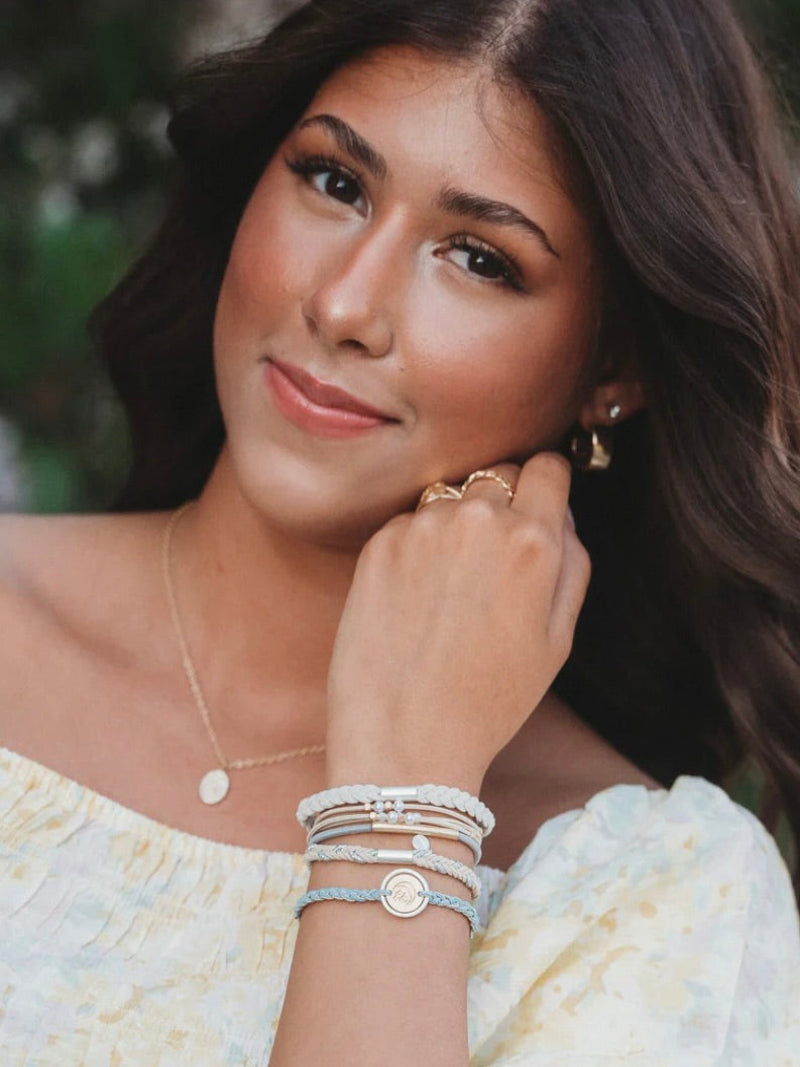 K'lani Hair Tie Bracelets "Wonder" Soft Creams & Blues With Pearls & Gold Hair Tie Bracelets