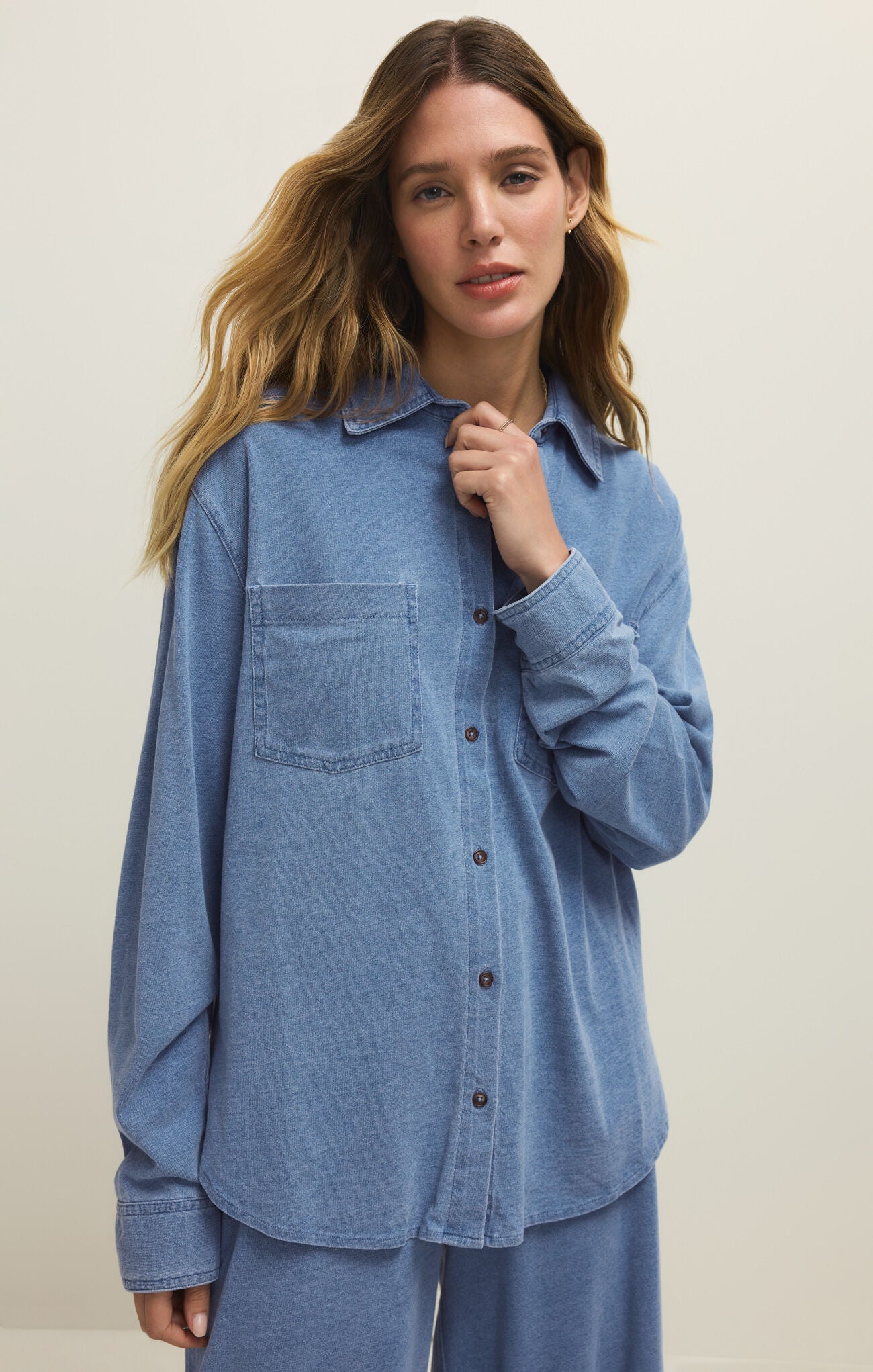 Reese Jersey Denim Button Up - Santorini Indigo