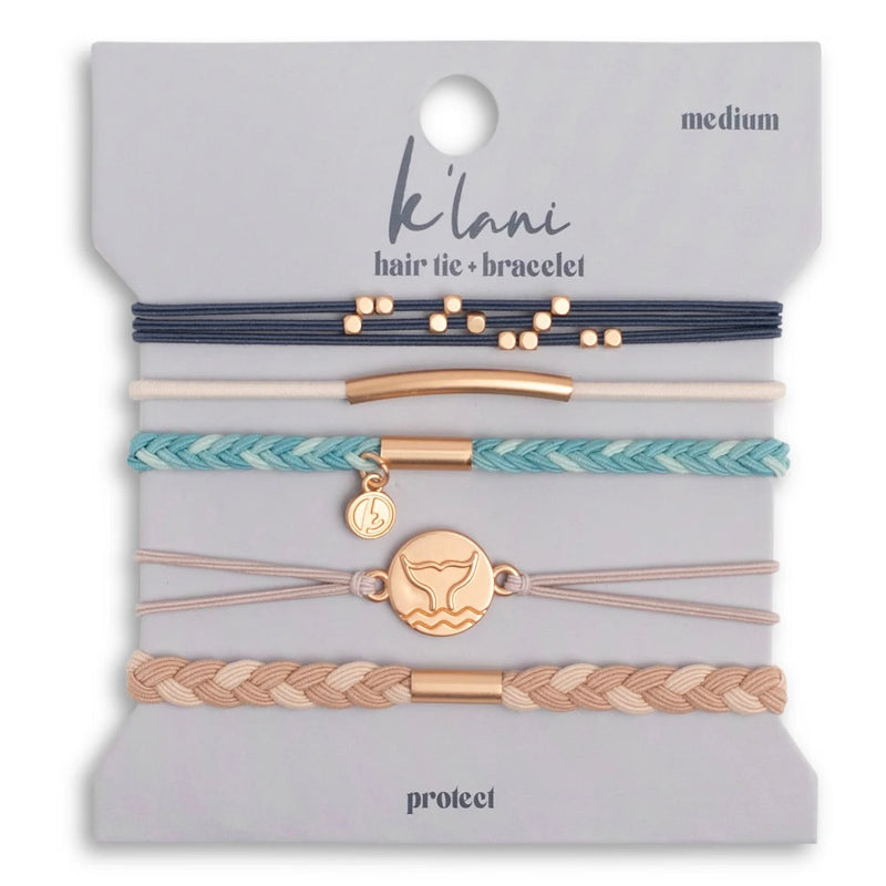 K'lani Hair Tie Bracelets "Protect" Beachy Blues & Sands With Whale Charm Hair Tie Bracelets