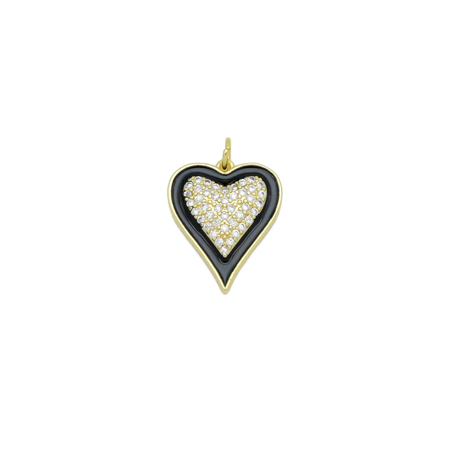 Clear Cz Black Enamel Gold Heart Charm Pendant