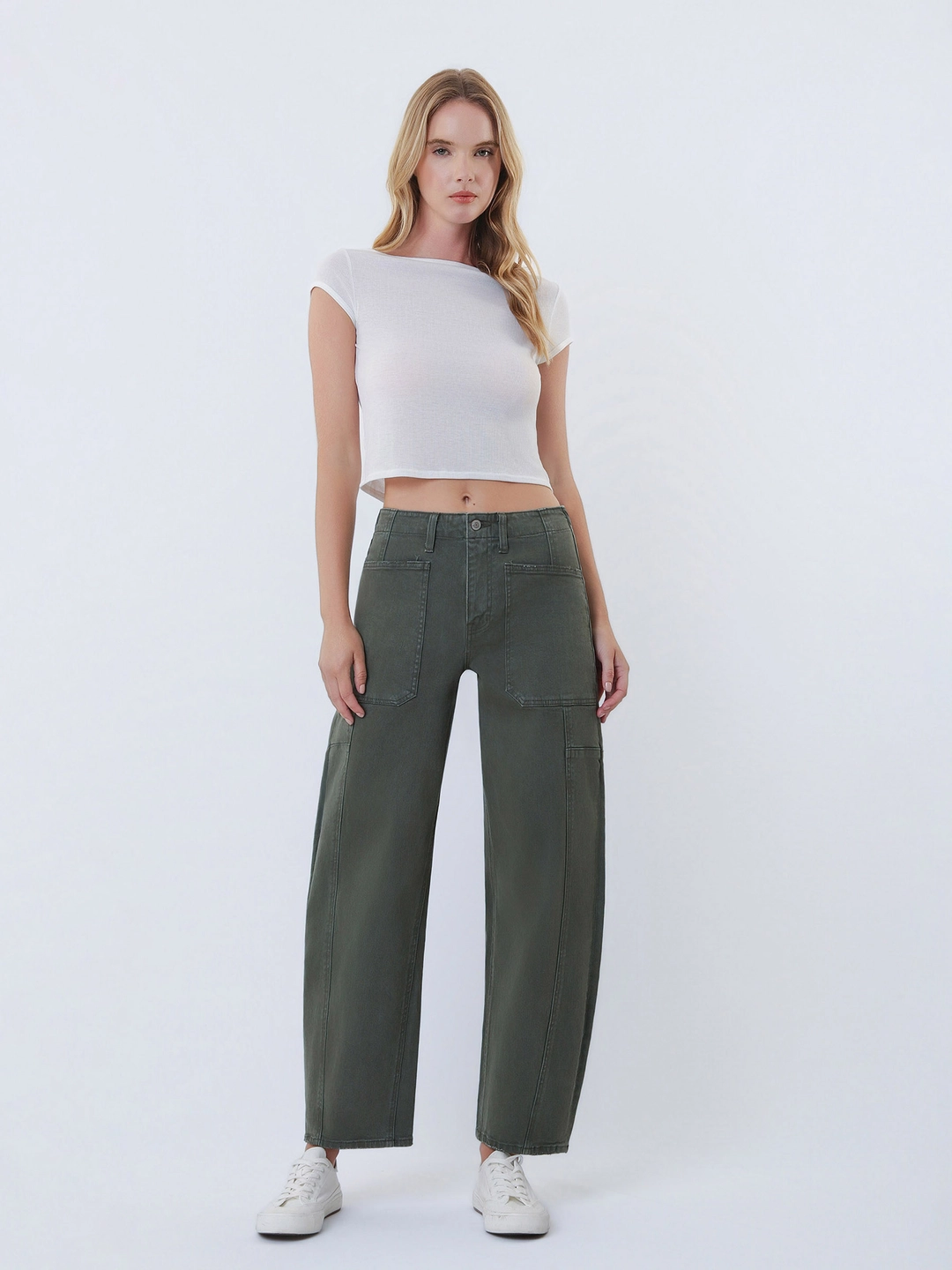 Super High Rise Elastic Waistband Barrel Jeans - Deep Forest