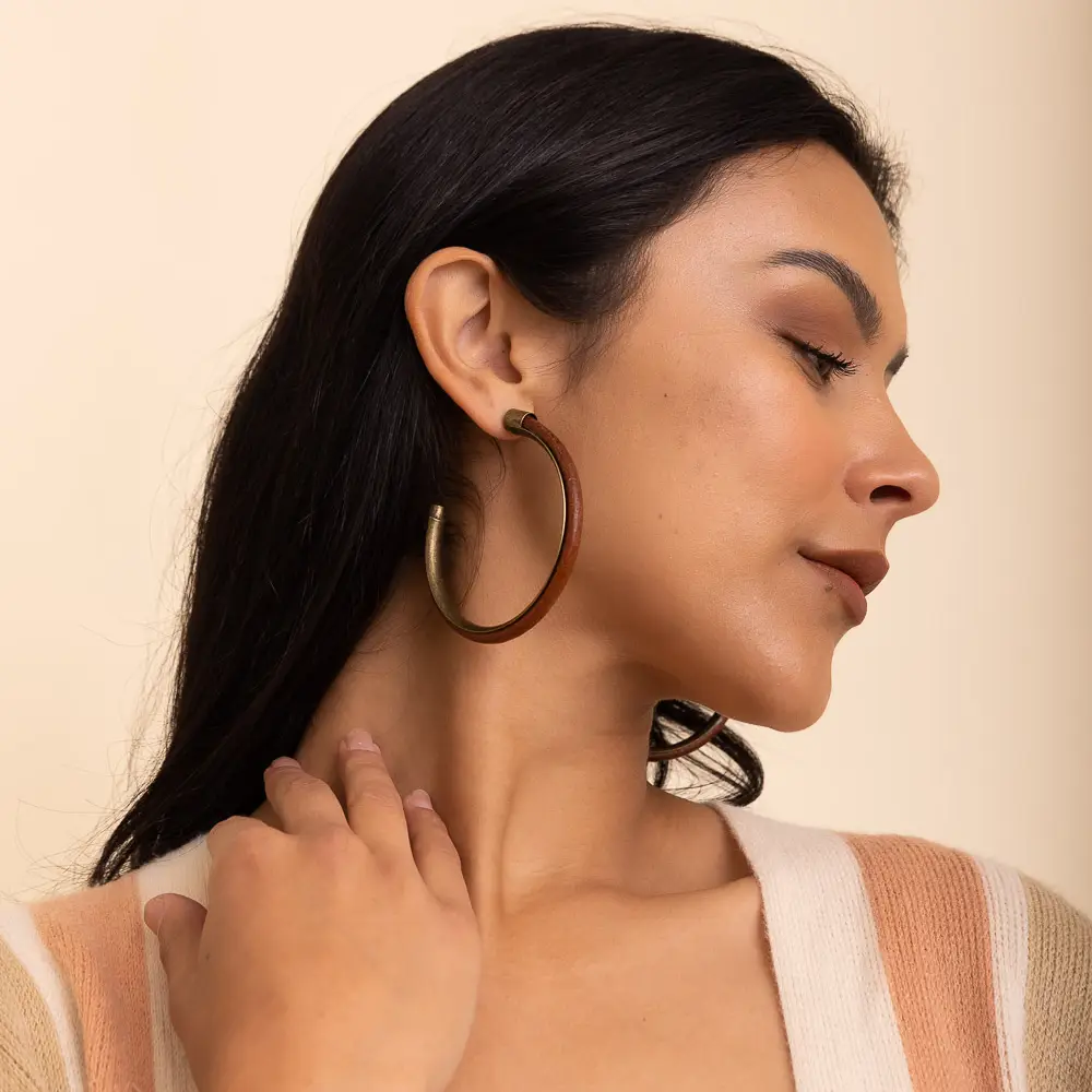 Leather & Brass Hoop Earrings