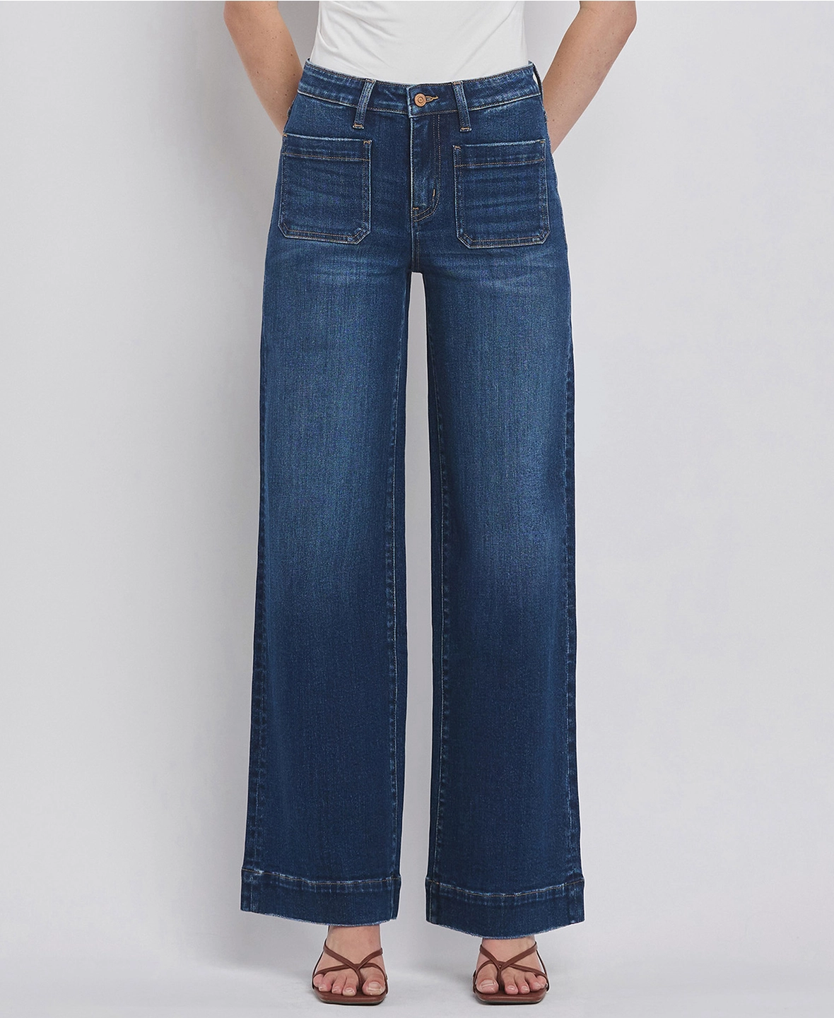High Rise Patch Pocket Trouser Hem Wide Jeans  - Dark Denim