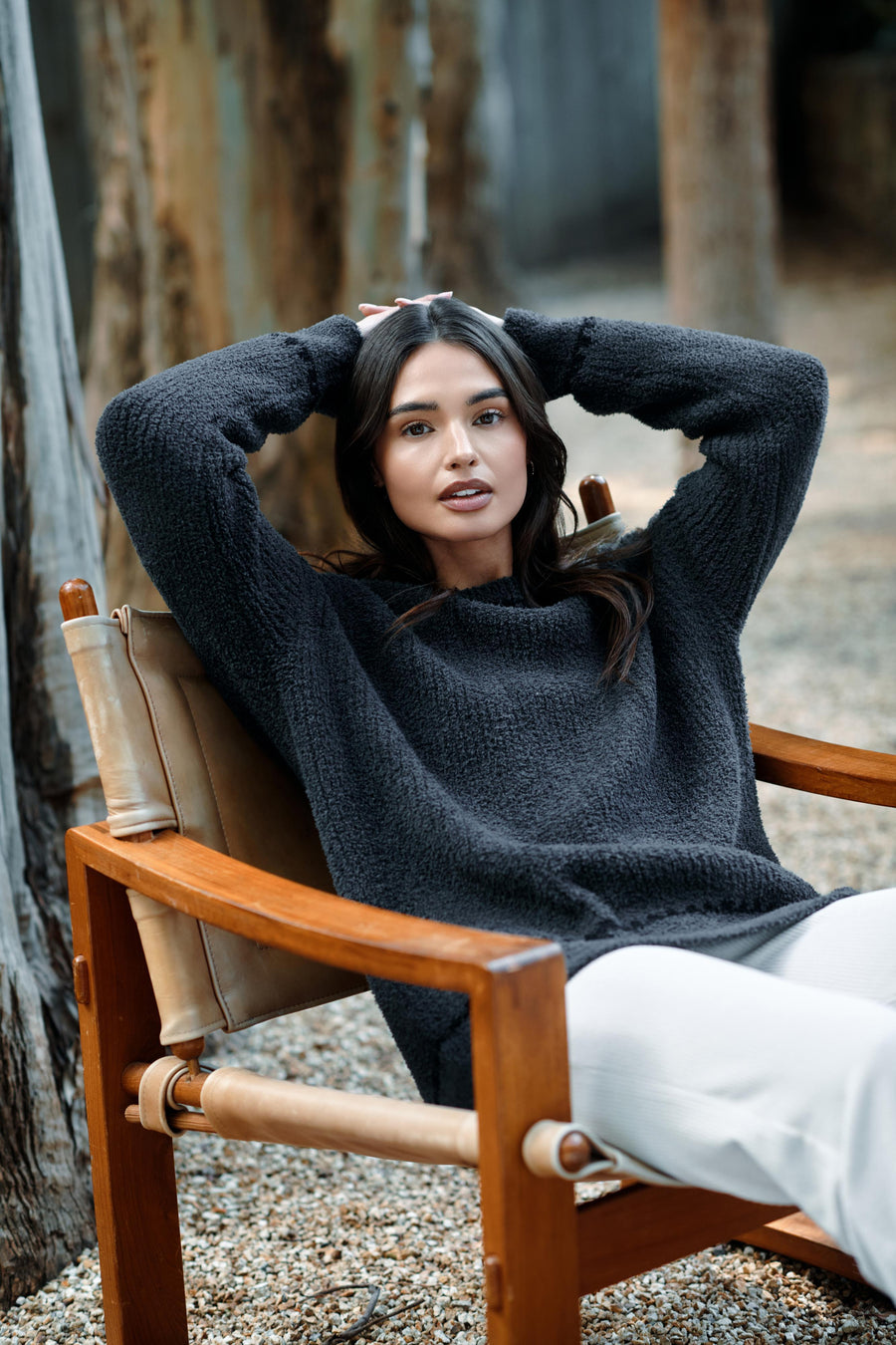 CozyChic Ribbed Sweater With Blanket Stitch - Stone