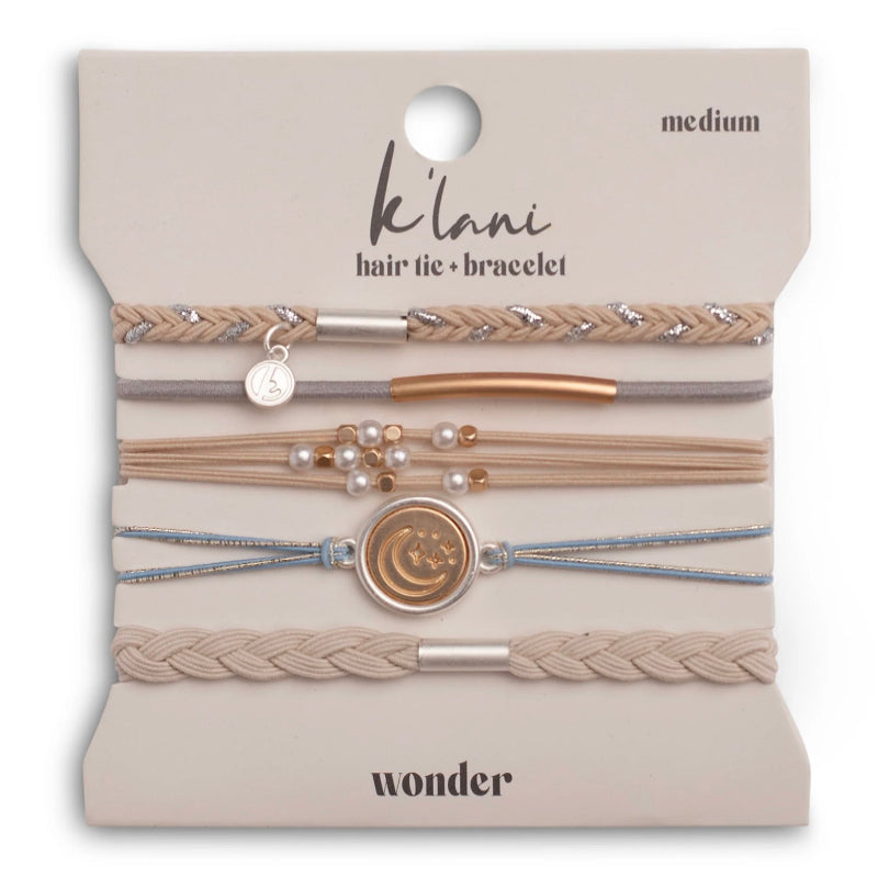 K'lani Hair Tie Bracelets "Wonder" Soft Creams & Blues With Pearls & Gold Hair Tie Bracelets