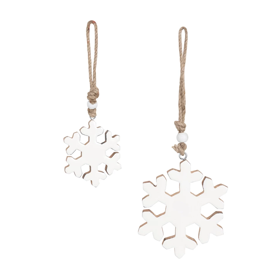 Enameled Mango Wood Snowflake Ornaments w/ Wood Beads, White