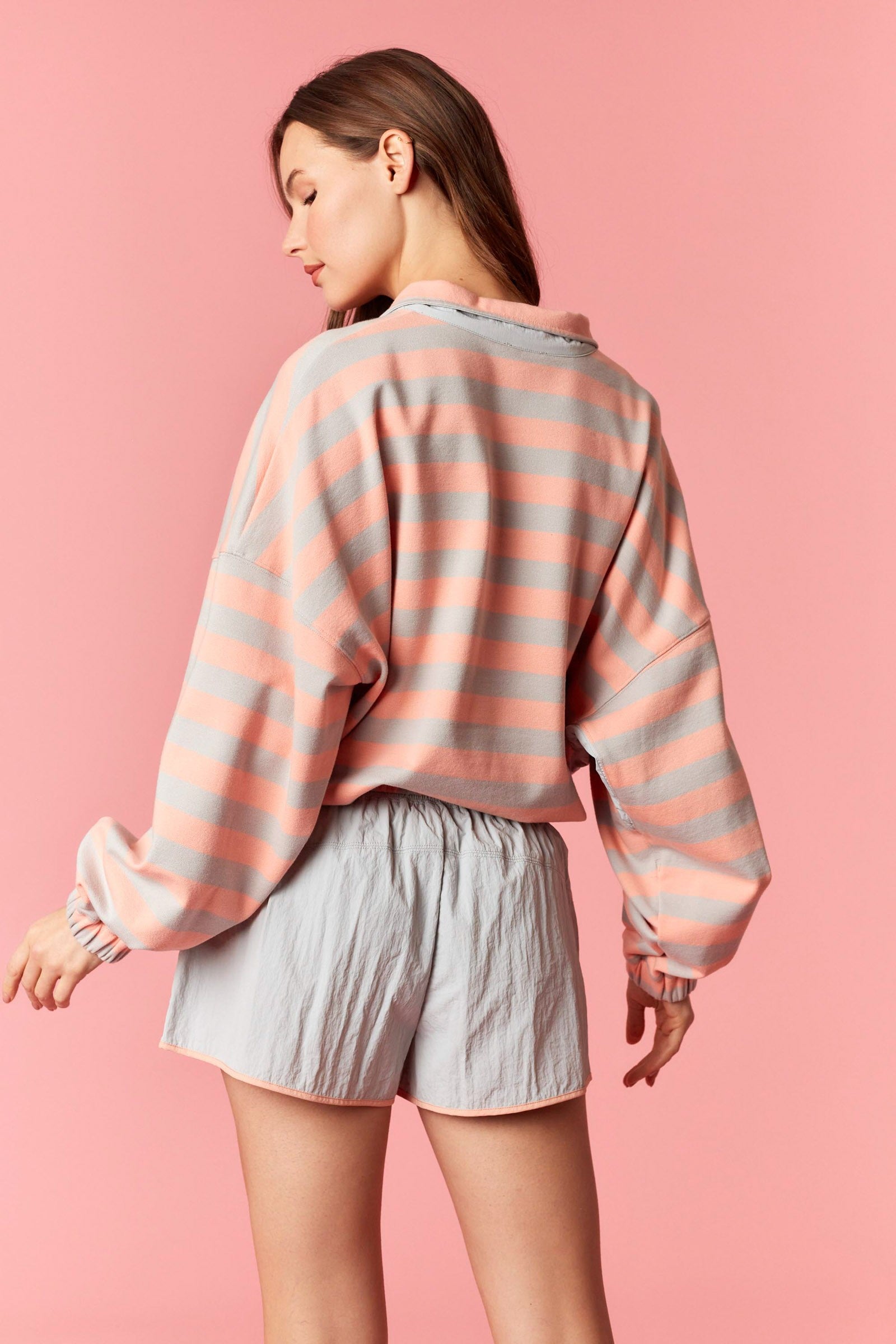 Stripe French Terry Semi Button Up Top - Grey/Salmon