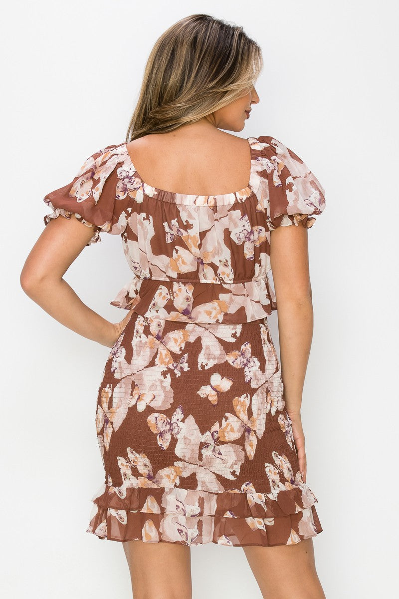 Floral Smocked Skirt - Brown
