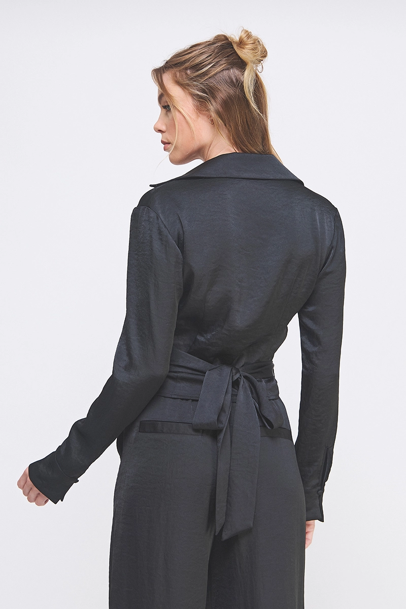 Crinkle Satin Tie Wrap Shirt