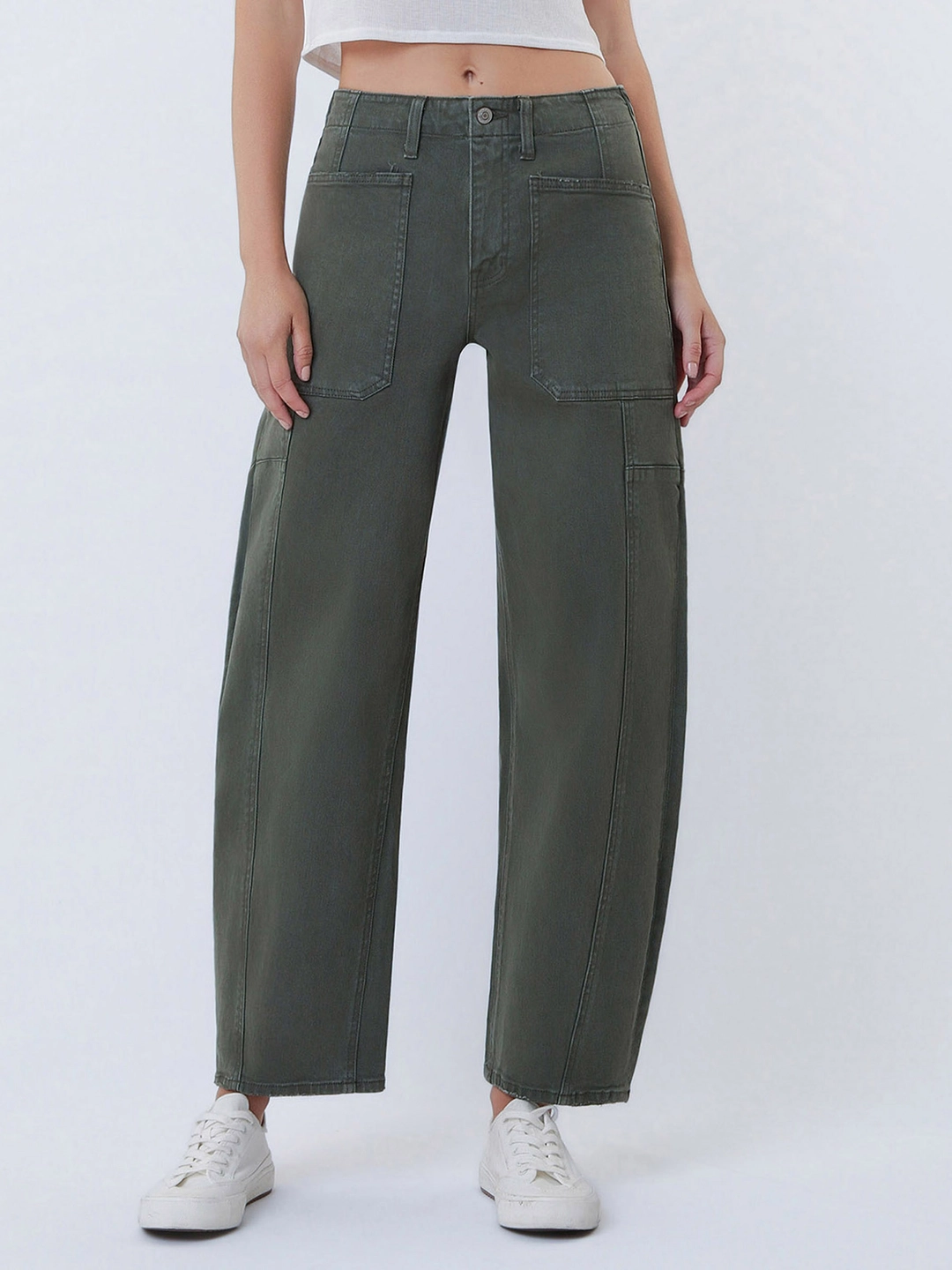 Super High Rise Elastic Waistband Barrel Jeans - Deep Forest
