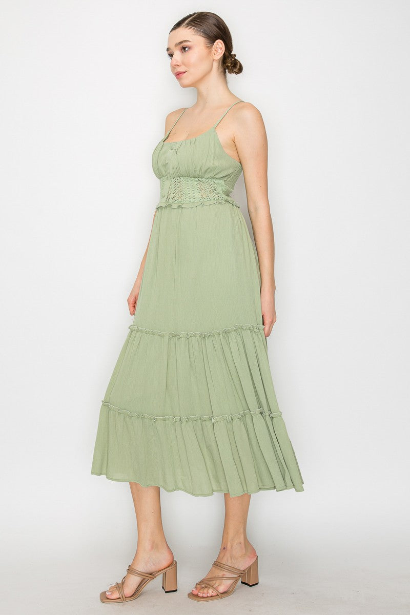 Crotchet Tiered Maxi Dress - Light Olive