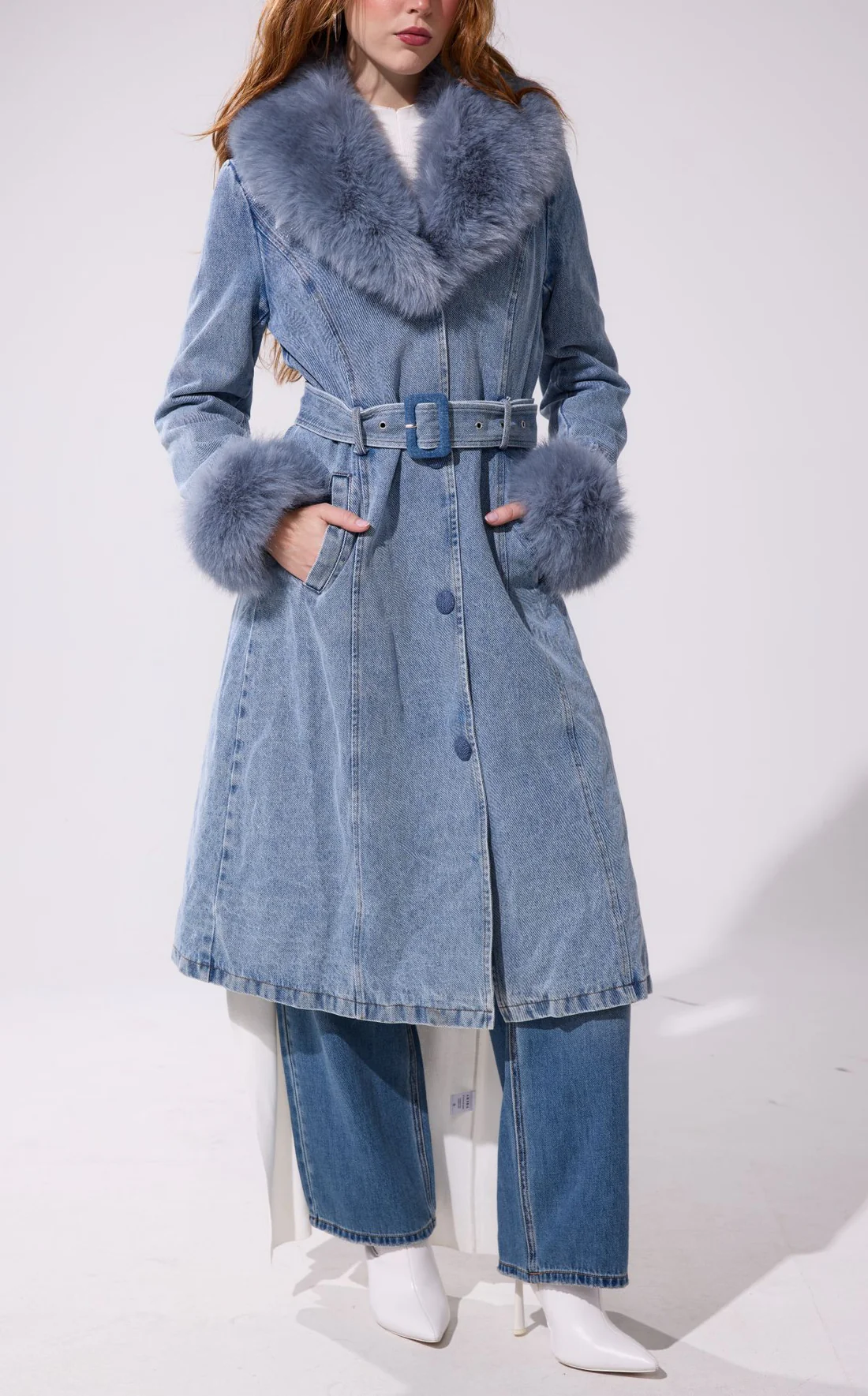 Kaya - Denim Faux Fur Trench Jacket