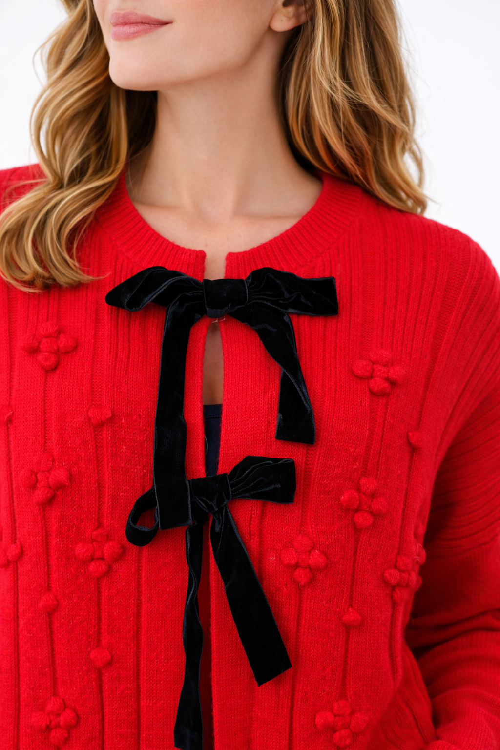 Pom Pom Detail Contrast Bow Tie Knit Cardigan - Red