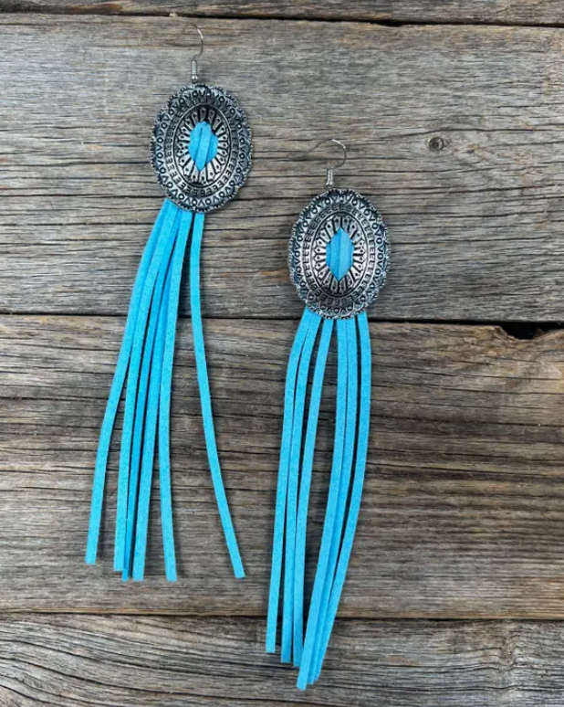 Rodeo Drive Concho Turquoise Fringe Silver Fashion Earrings