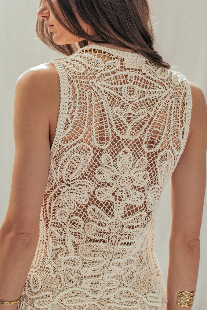 Open-Work Crochet Tie-Front Vest Top - Ivory