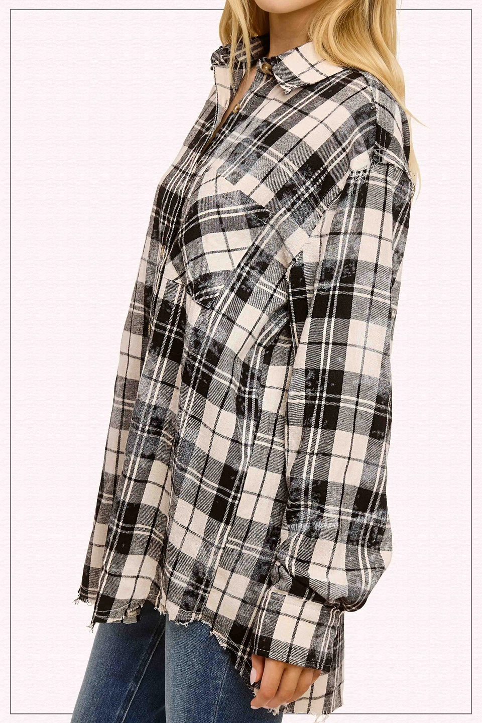 Acid Washed Cut Edge Button Down Plaid Shirt - Oreo