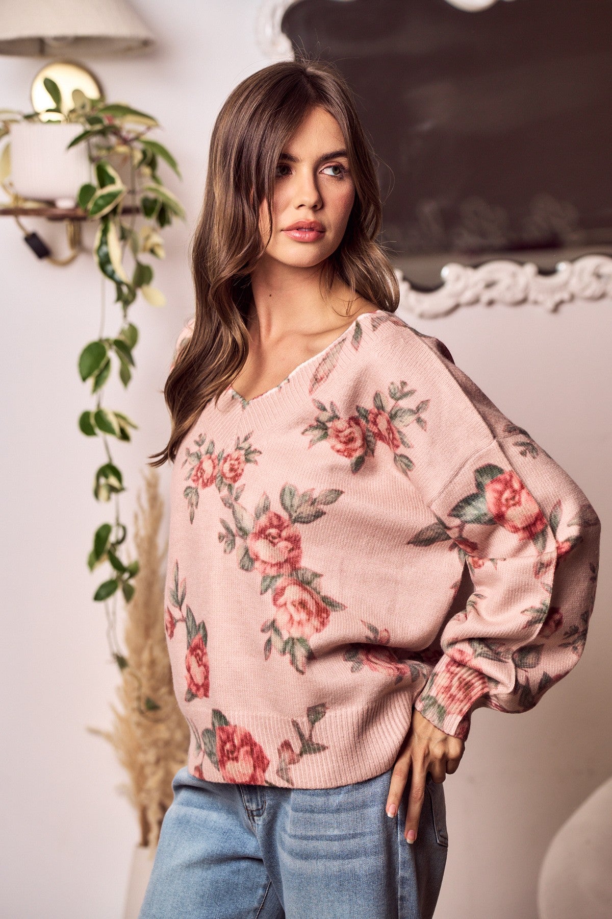 Blooming Reverie Ribbon Knit Sweater - Mauve Floral