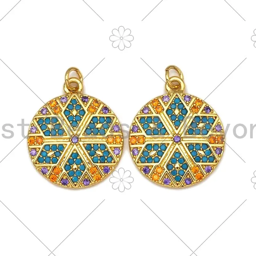 Colorful Cz Micropave Flower Round Coin Shape Pendant