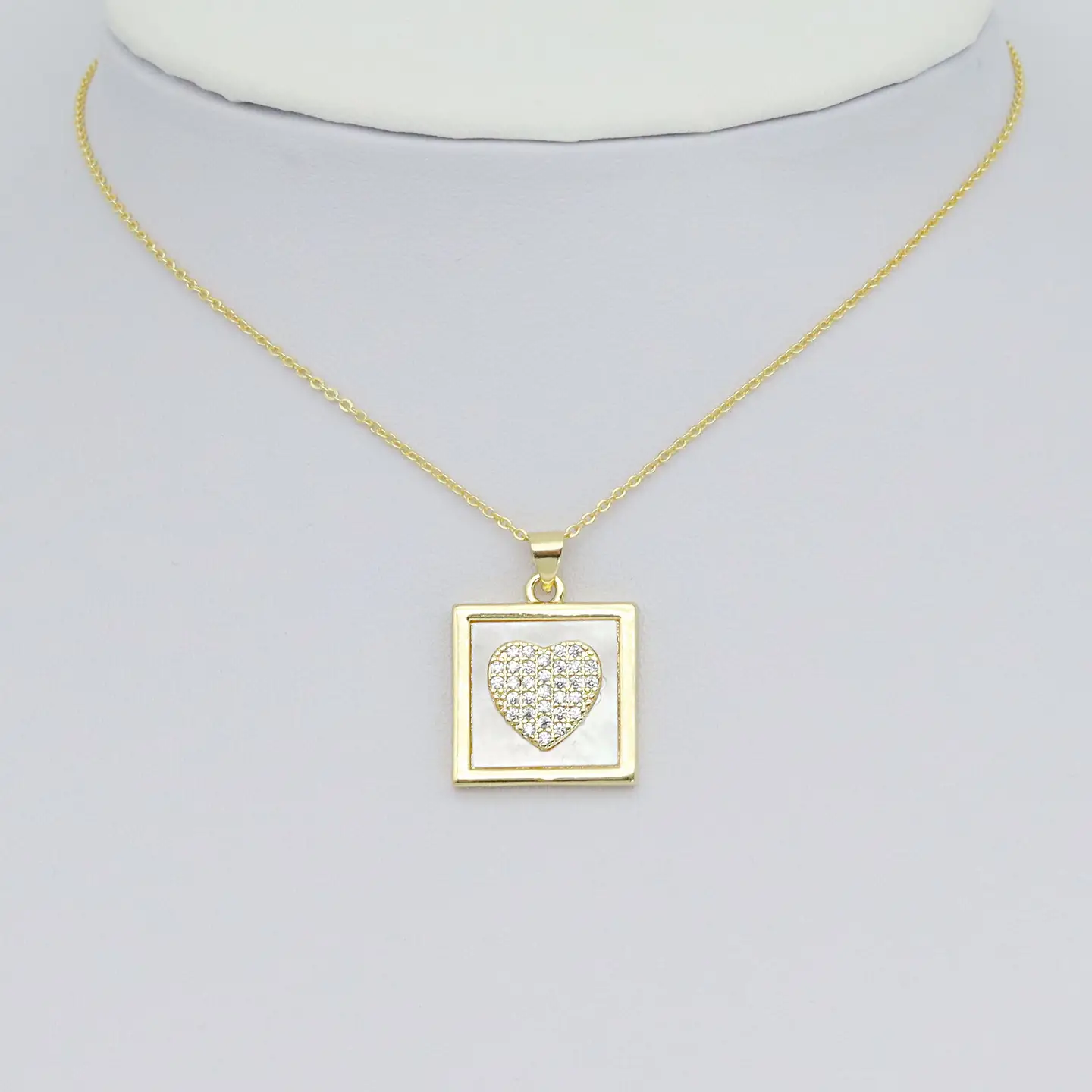 Gold Clear Cz Heart On Square Mother of Pearl Charm Pendant