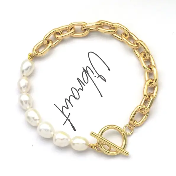 Freshwater Pearl Gold Chain Bracelet with Toggle Clasp