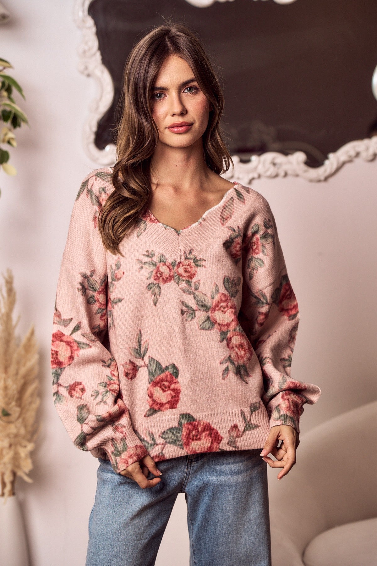 Blooming Reverie Ribbon Knit Sweater - Mauve Floral