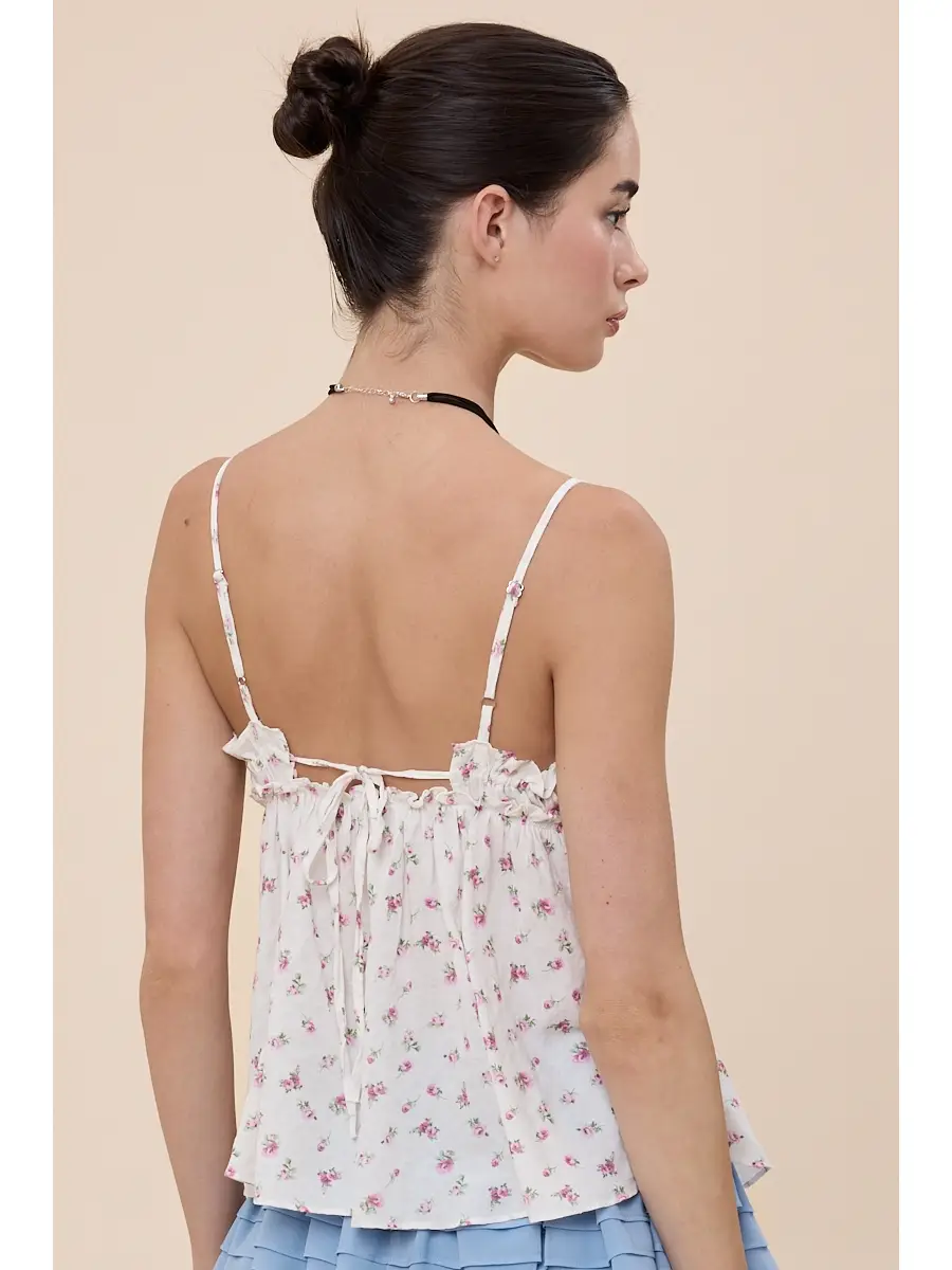 Pink Ditsy Floral Sweetheart Front Tie Cami Top - Petite Pink Rose