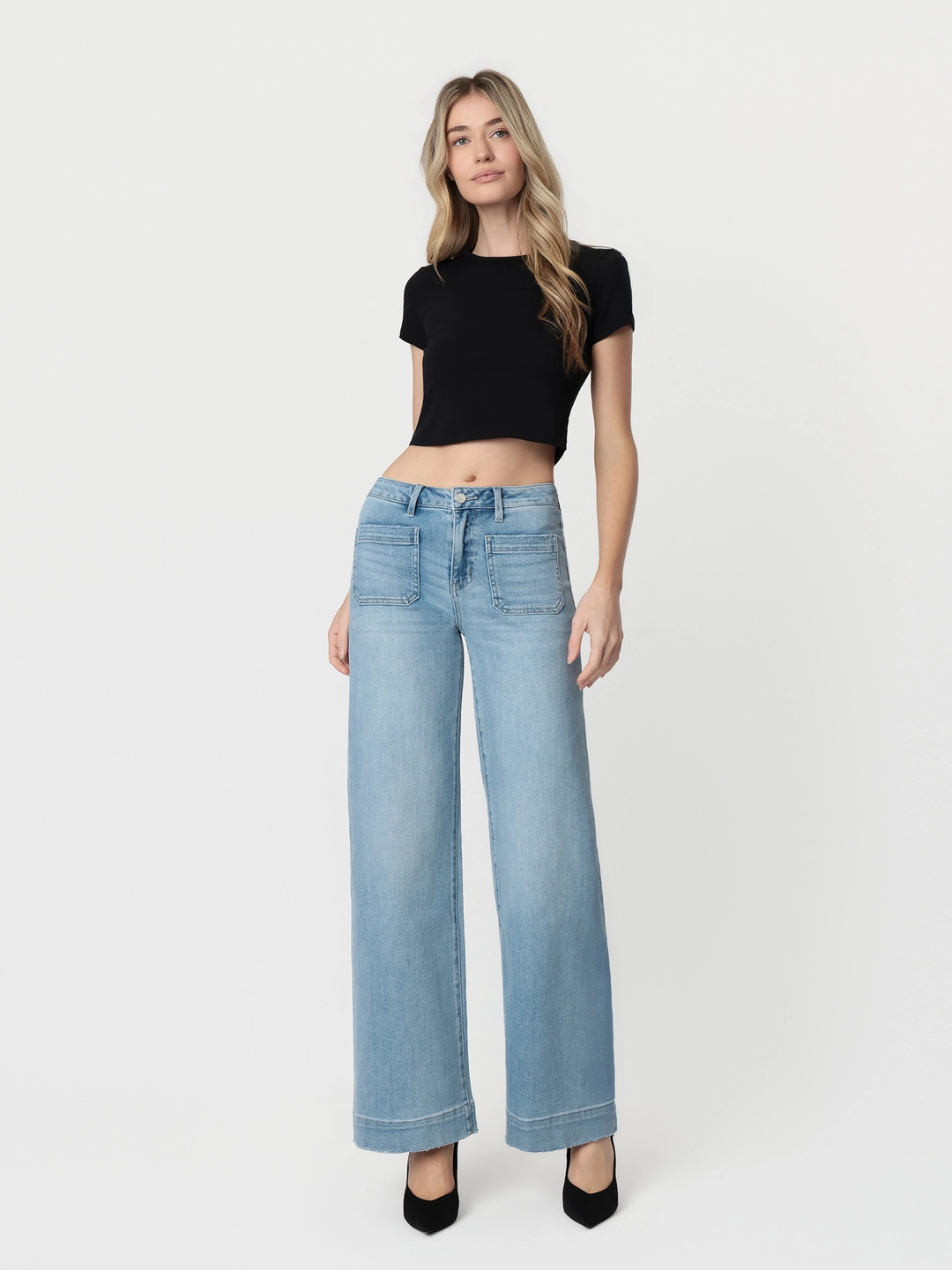 High Rise Light Wash Trouser Hem Wide Jeans - Dignity