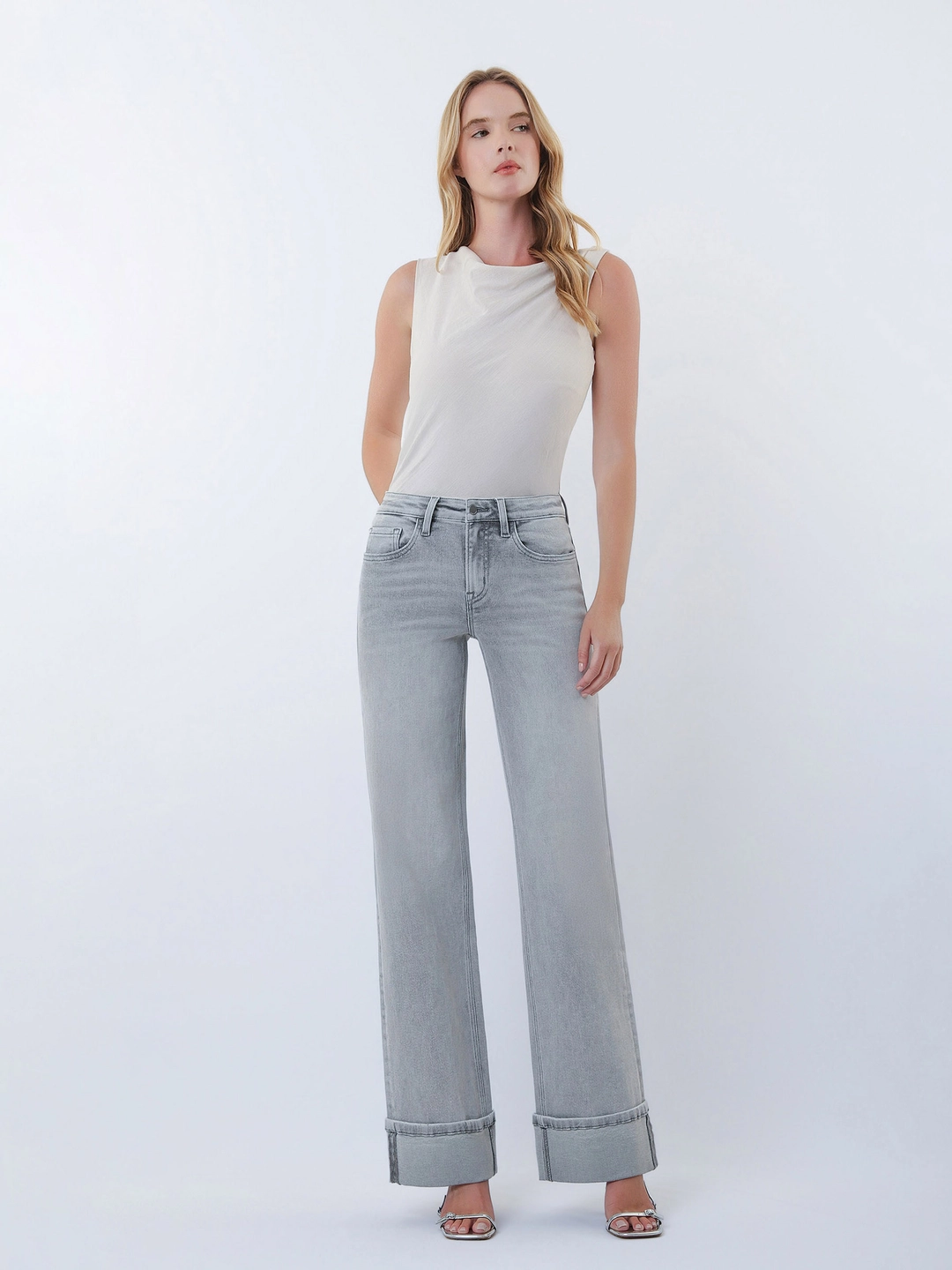 Mid Rise Full Length Grey Cuffed Wide Leg Jeans