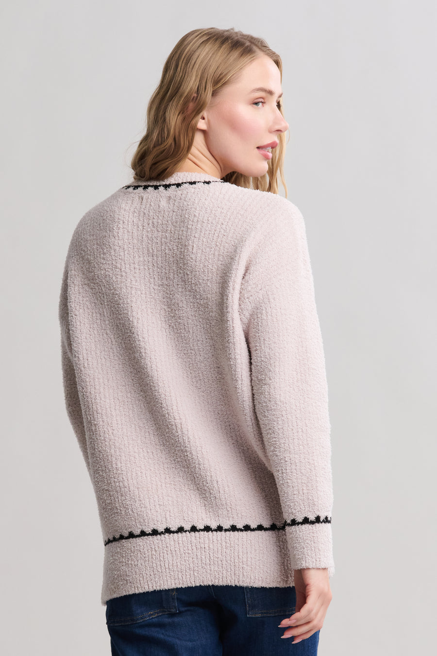 CozyChic Ribbed Sweater With Blanket Stitch - Stone