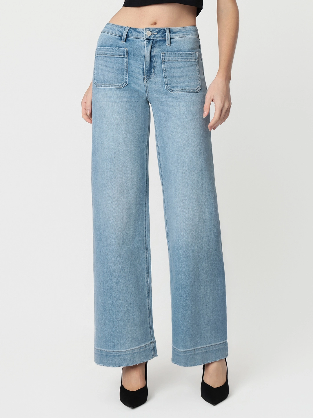 High Rise Light Wash Trouser Hem Wide Jeans - Dignity