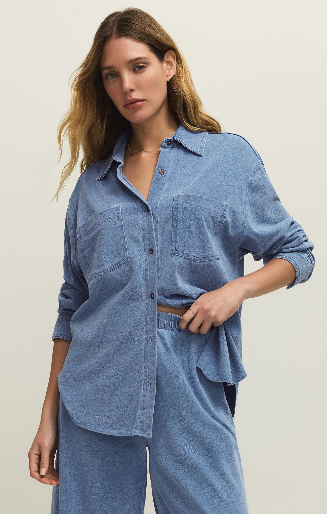 Reese Jersey Denim Button Up - Santorini Indigo