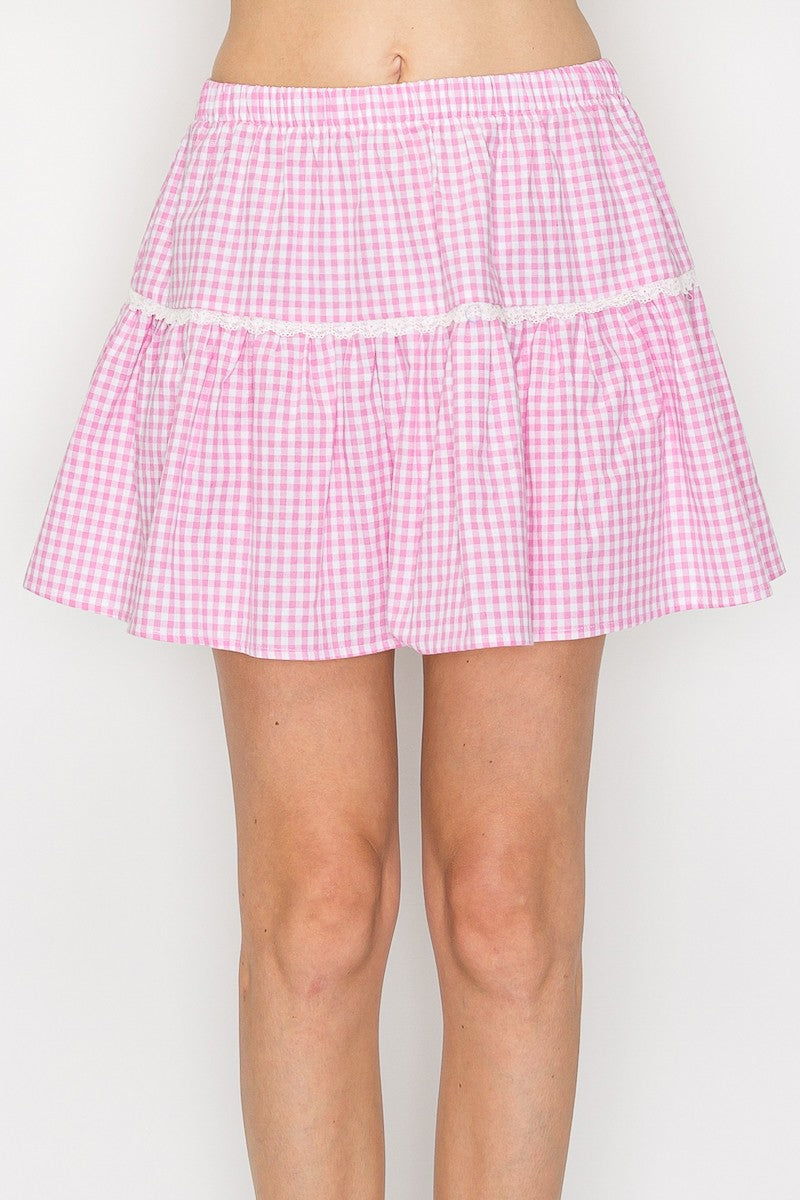 Gingham Tiered Mini Skirt - Pink
