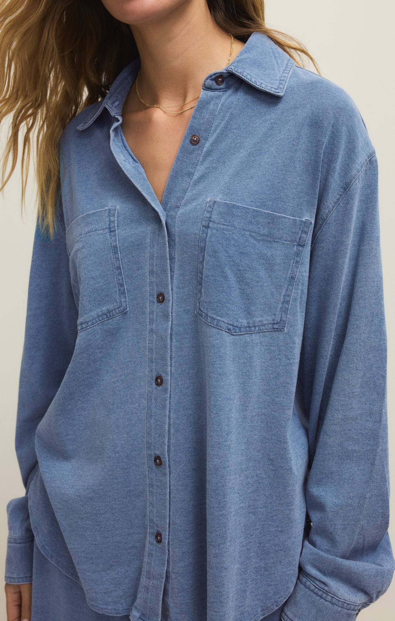 Reese Jersey Denim Button Up - Santorini Indigo