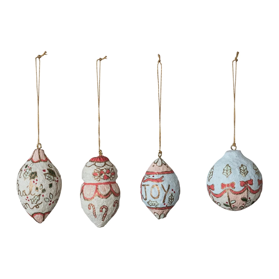 3-1/2"H Hand-Painted Paper Mache Ornament with Design - 4 Styles