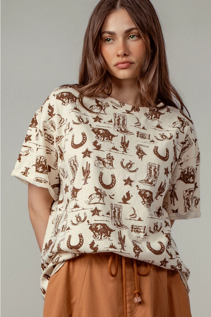 Western Graphic Print Relaxed Fit Tee - Cream