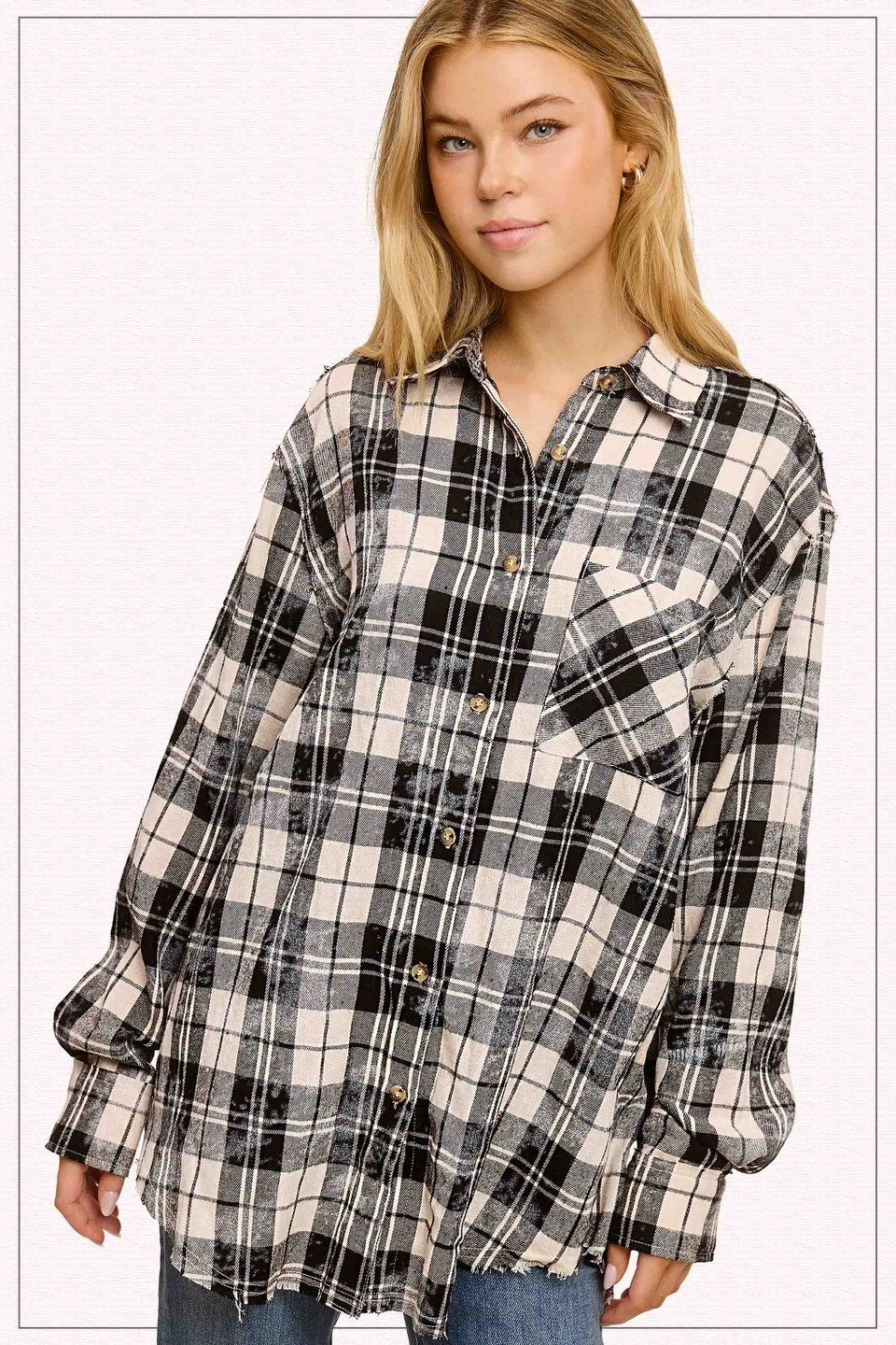Acid Washed Cut Edge Button Down Plaid Shirt - Oreo